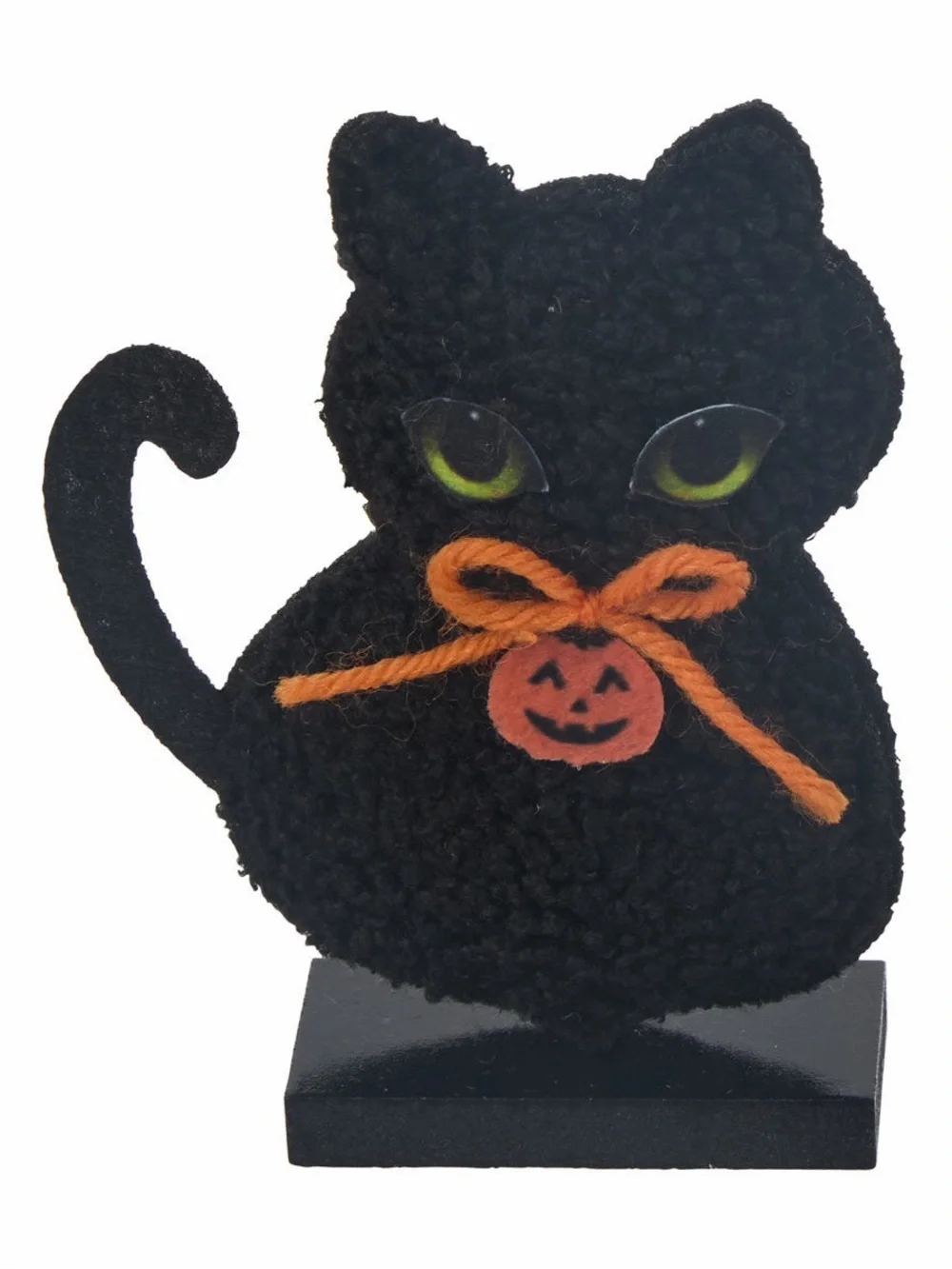 🐈‍⬛ Halloween Black Cat Shaped Plush Icon Tabletop Decor Green Eyes Orange Bow